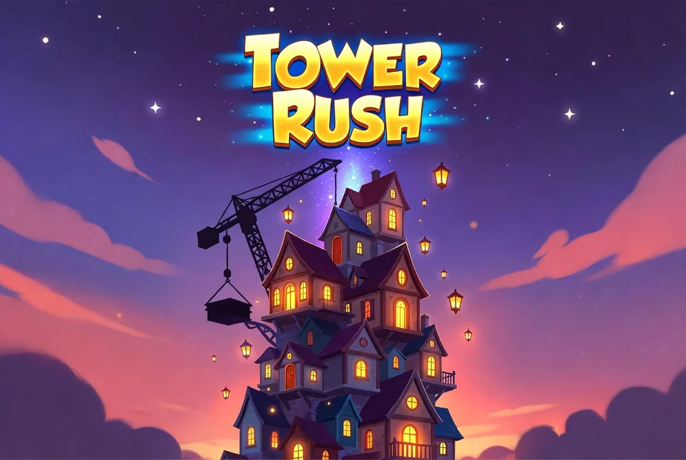 Tower Rush game real or fake question over the neon tower at night