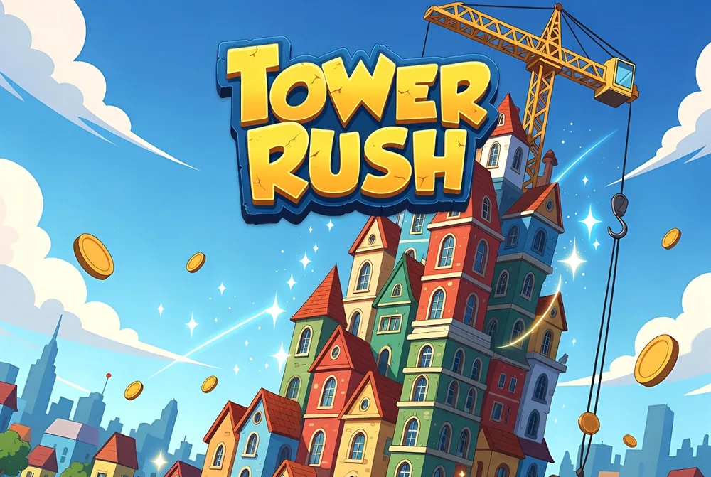 Tower Rush game skyline with the crane stacking floors above a neon city